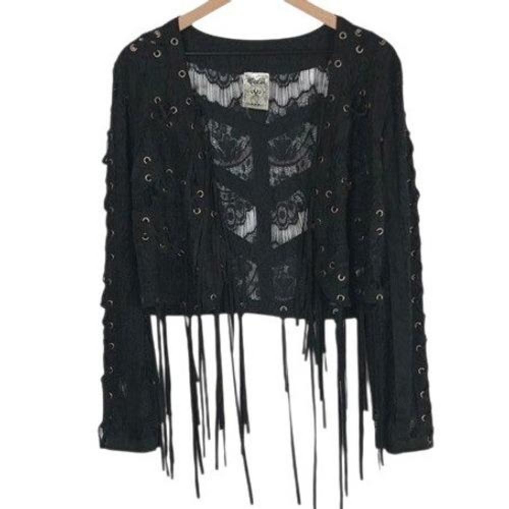 VOCAL USA Fringe Floral Lace Shrug Cardigan Sz L Black Faux Suede Trim Boho Goth